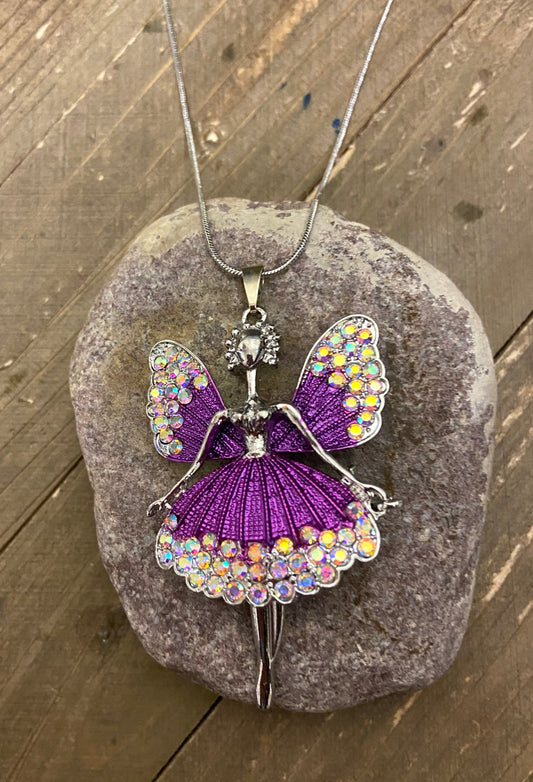 Angel Fairy in purple and Rhinestones Pendant on a Silver chain NecklacePink tiful of LOVE