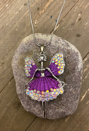Angel Fairy in purple and Rhinestones Pendant on a Silver chain Necklace