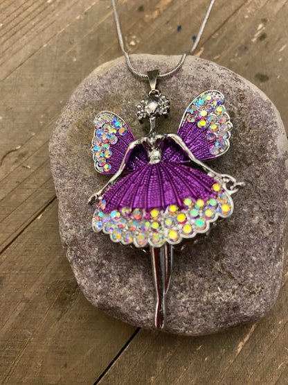 Angel Fairy in purple and Rhinestones Pendant on a Silver chain NecklacePink tiful of LOVE