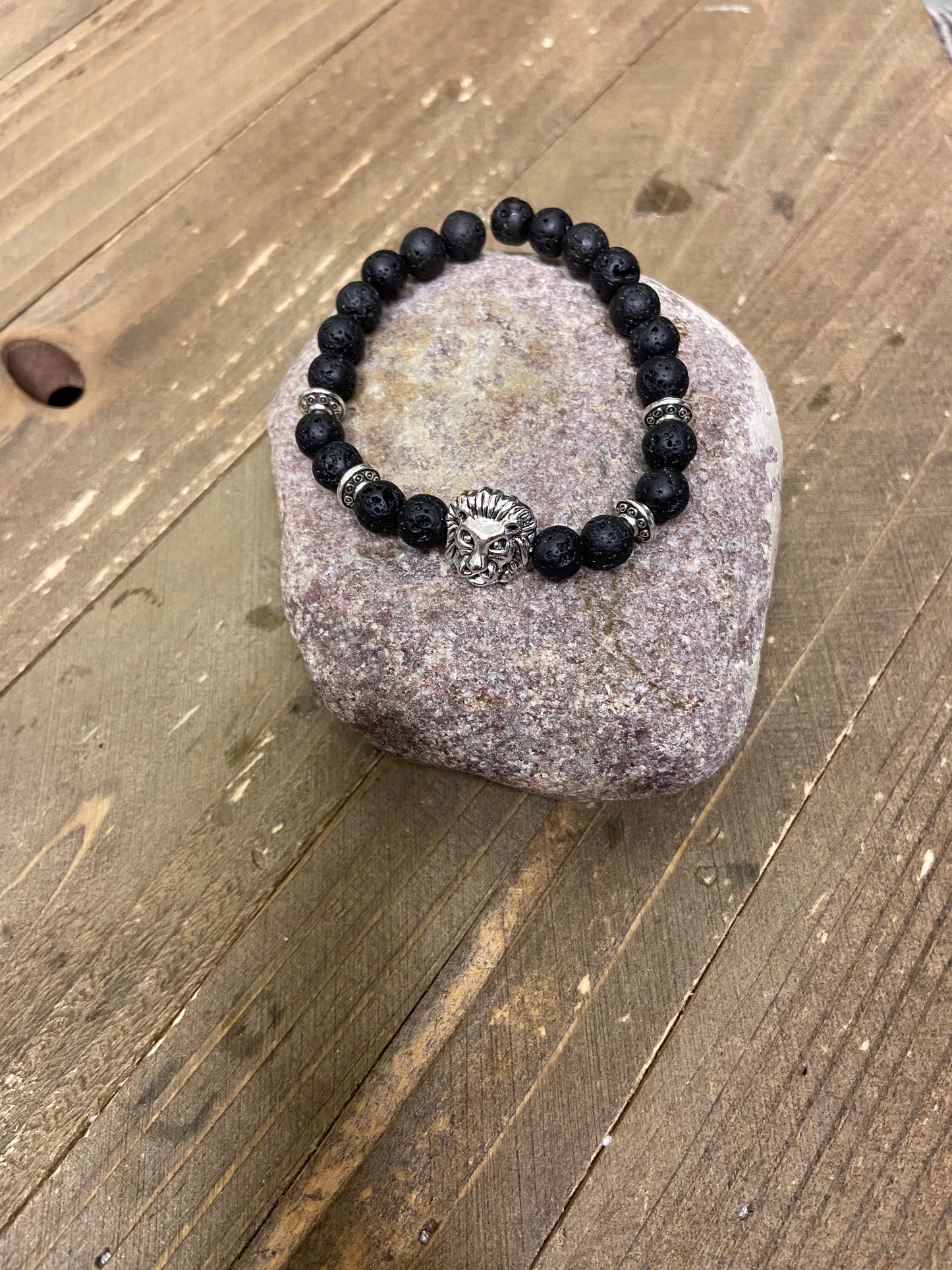 Black Round Lava Stone (6mm) Beaded Elastic/Stretch Bracelet with Lion Head and silver spacers
