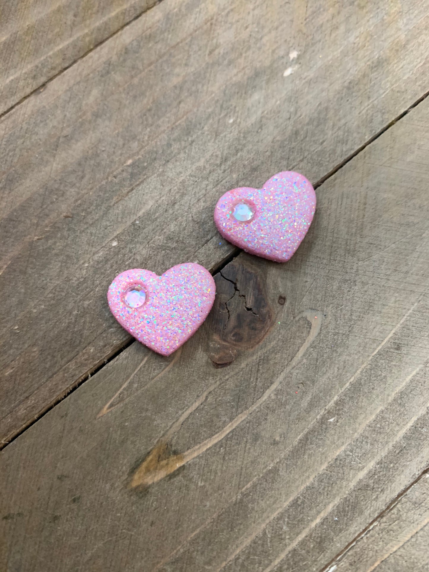 Sparkly Pink Heart with Rhinestone Post Earrings