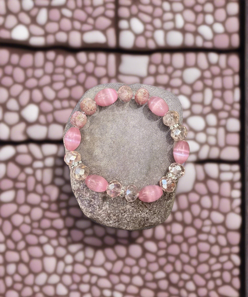 Pink Cat's Eye Beaded Elastic/Stretch Bracelet
