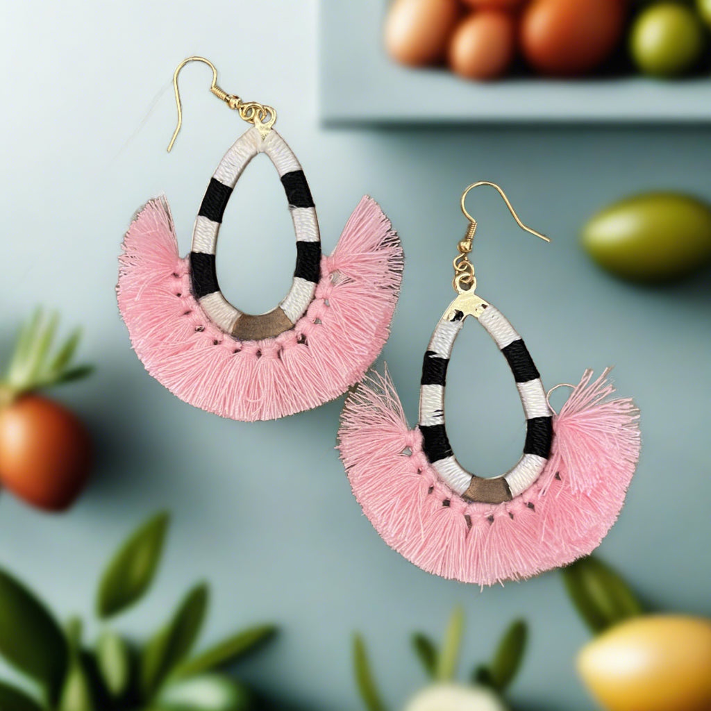 Black & White Striped Teardrop Fringe Wire Earring