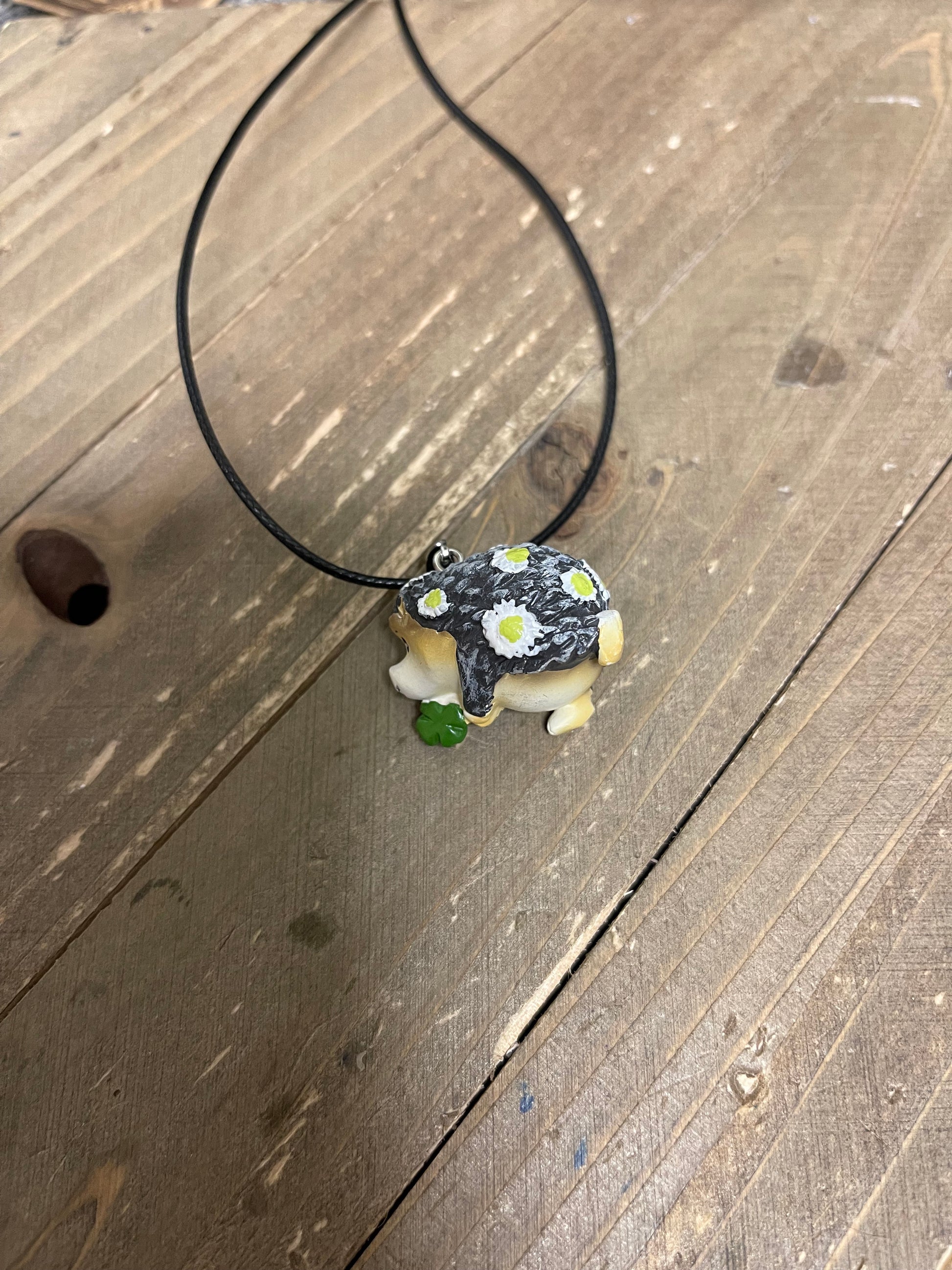 Hedgehog with Clover Pendant on a black cord NecklacePink tiful of LOVE