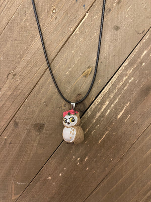 Owl with Roses Pendant on a black cord Necklace