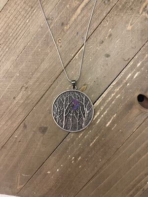 Druzy Moon in Forest Pendant on a Silver chain Necklace