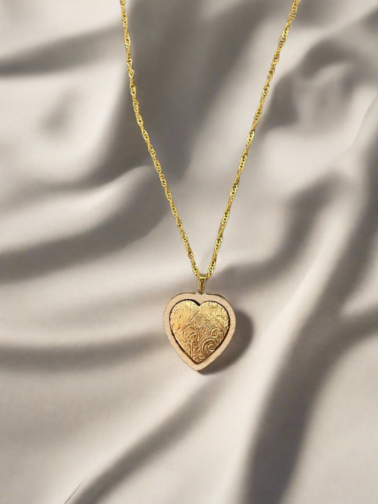 Wooden inlay brass Heart Pendant on a Gold chain NecklacePink tiful of LOVE