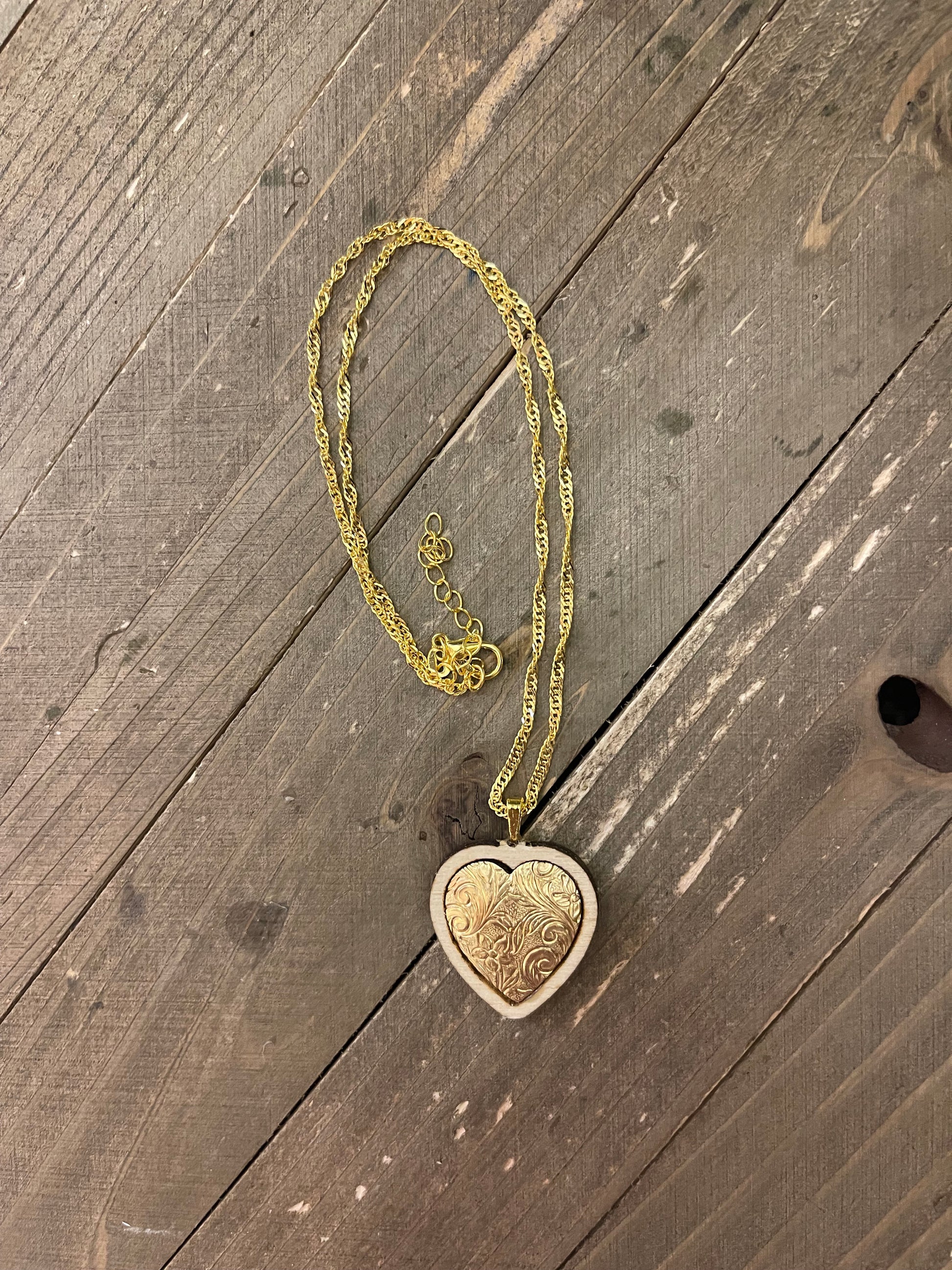 Wooden inlay brass Heart Pendant on a Gold chain NecklacePink tiful of LOVE