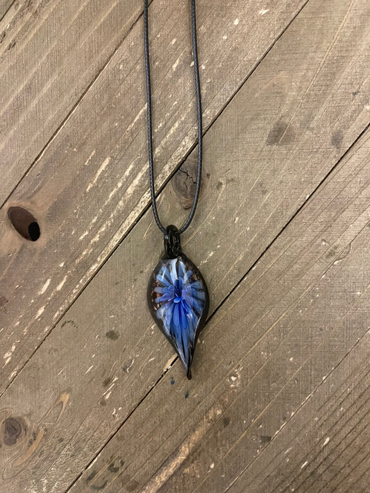 Glass Blown blue Flower Pendant on a black cord NecklacePink tiful of LOVE