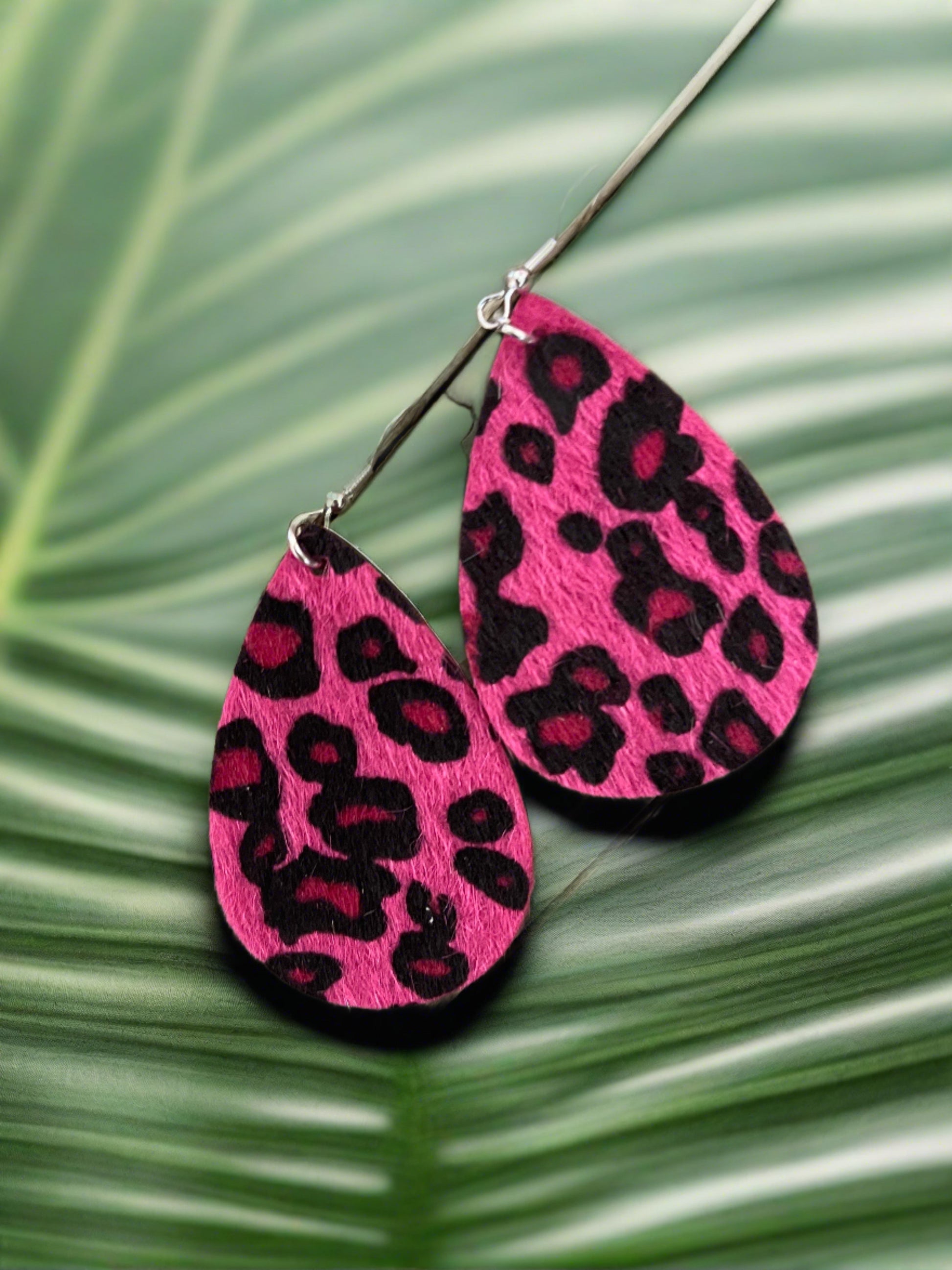 Pink Leopard Prints Faux Leather Teardrop wire earringsPink tiful of LOVE