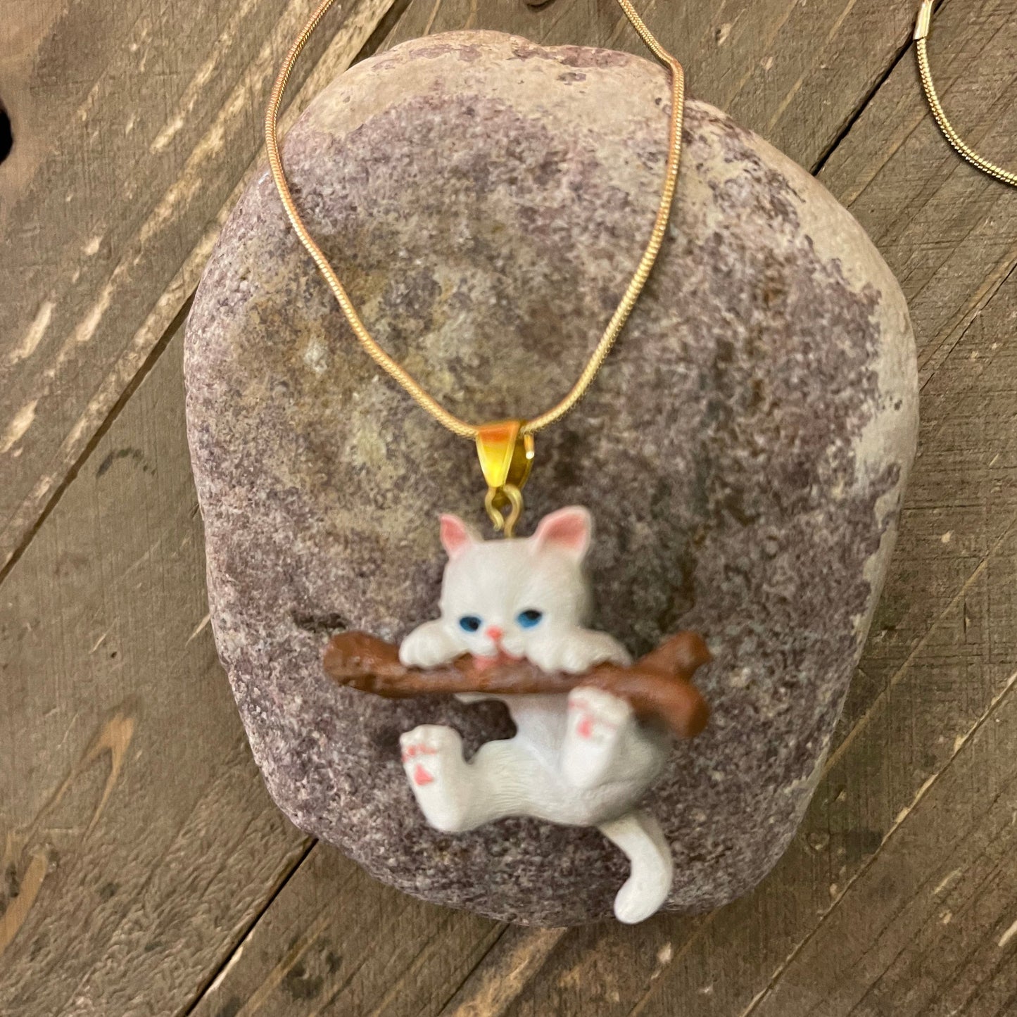 White Kitten on Branch Pendant on a Gold chain NecklacePink tiful of LOVE
