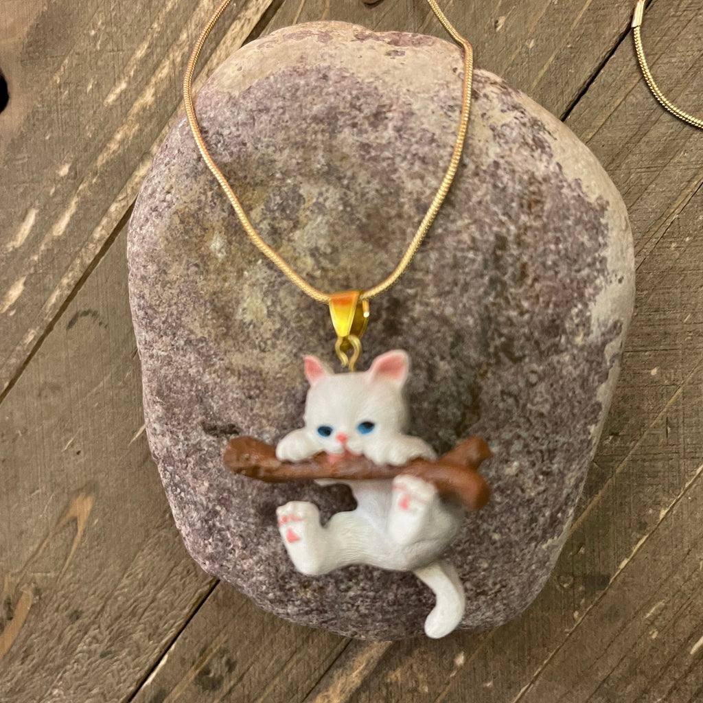 White Kitten on Branch Pendant on a Gold chain Necklace