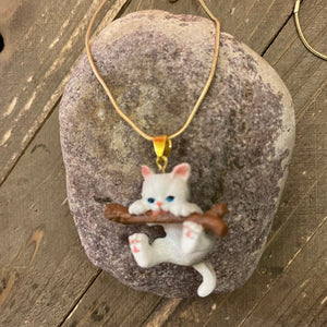 White Kitten on Branch Pendant on a Gold chain Necklace