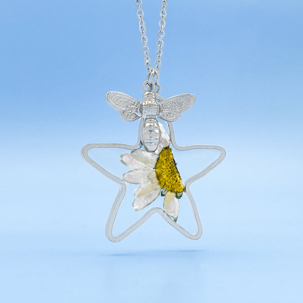 Pressed Daisy Bee Silver Star Necklace