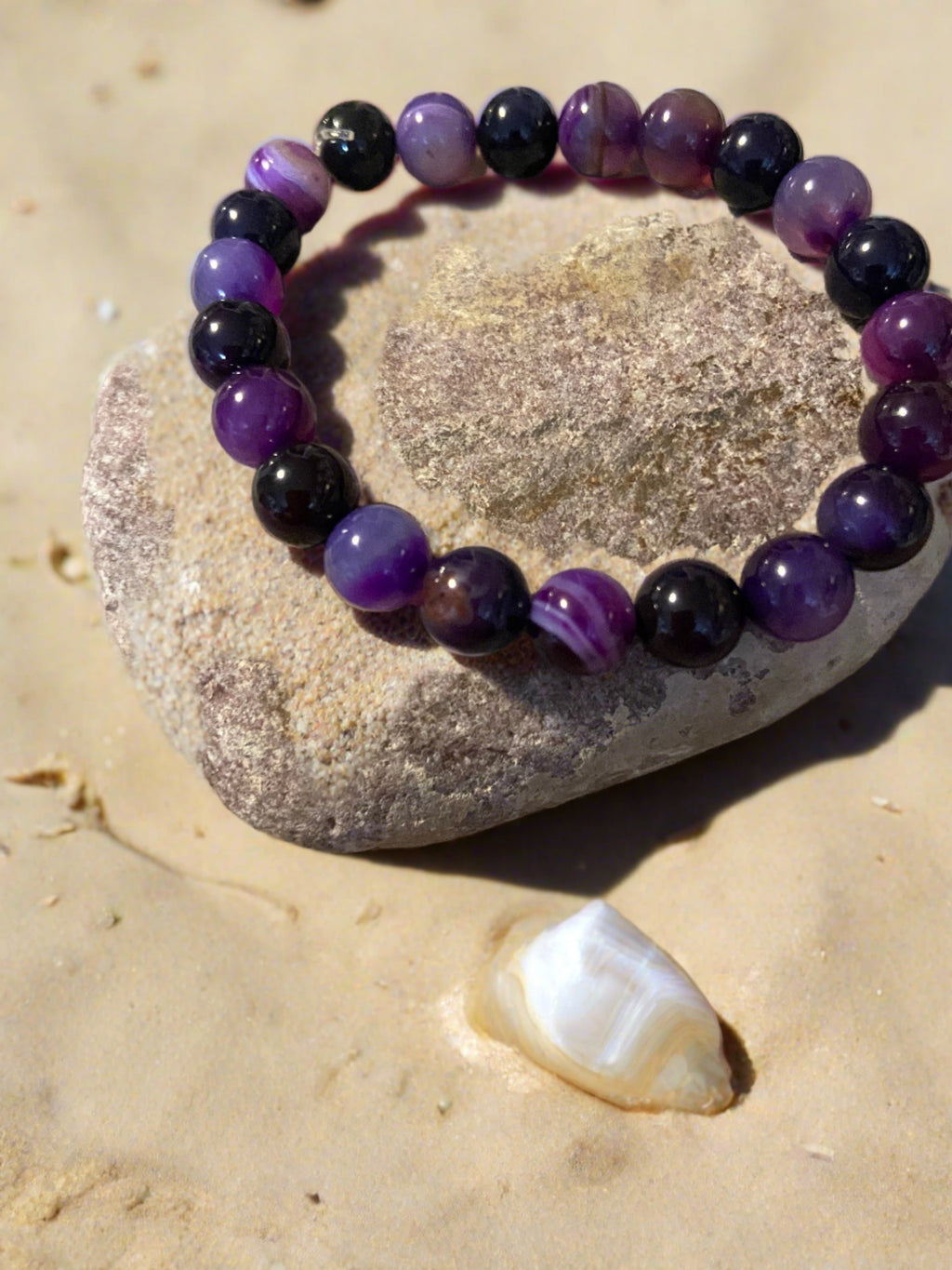 Purple Dyed Round Agate Beaded Elastic/Stretch Bracelet