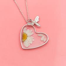 Pressed Daisy Bee Silver Heart Necklace